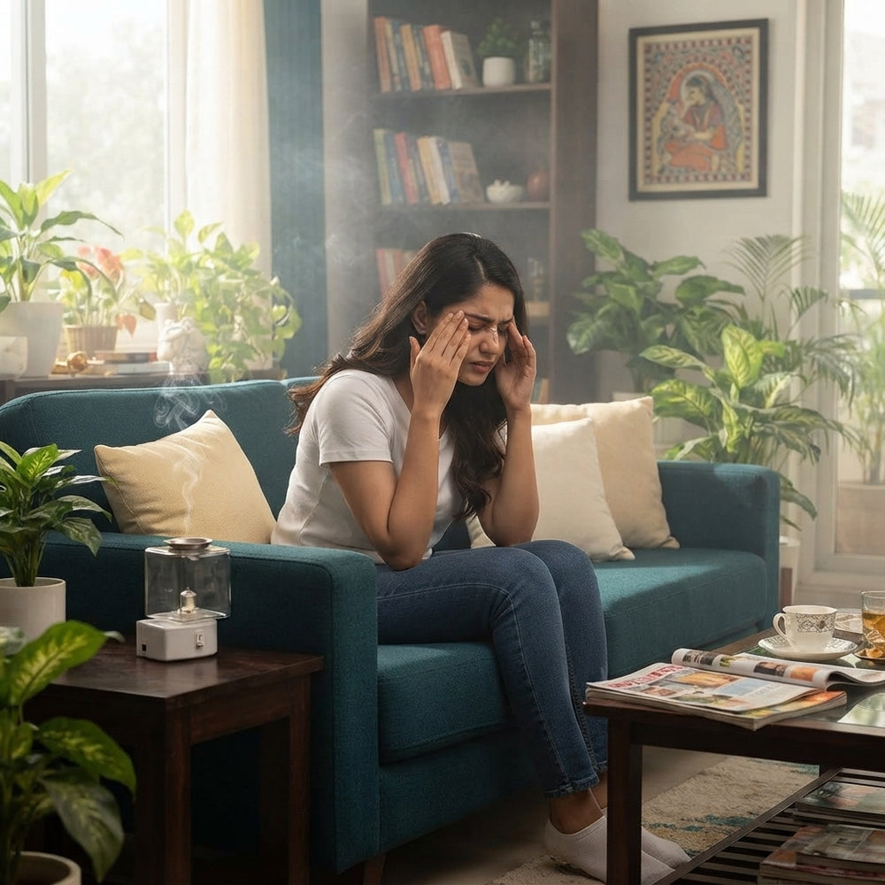 A woman rubbing her temples in a dim, modern living room with deep teal and cream decor, featuring a glass camphor diffuser.