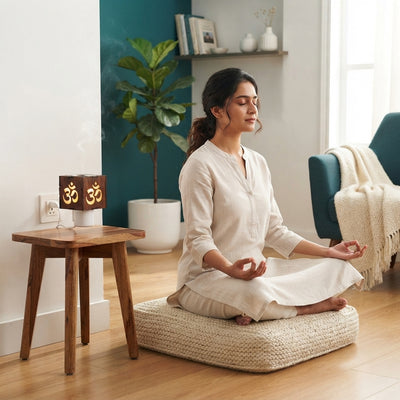 South Asian woman meditating near an electrical glass camphor diffuser in a peaceful, teal and cream-toned living room.