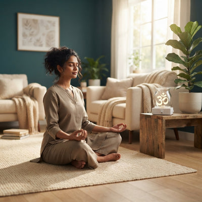 A South Asian woman meditating beside a glass electrical camphor diffuser in a cozy, modern living room.