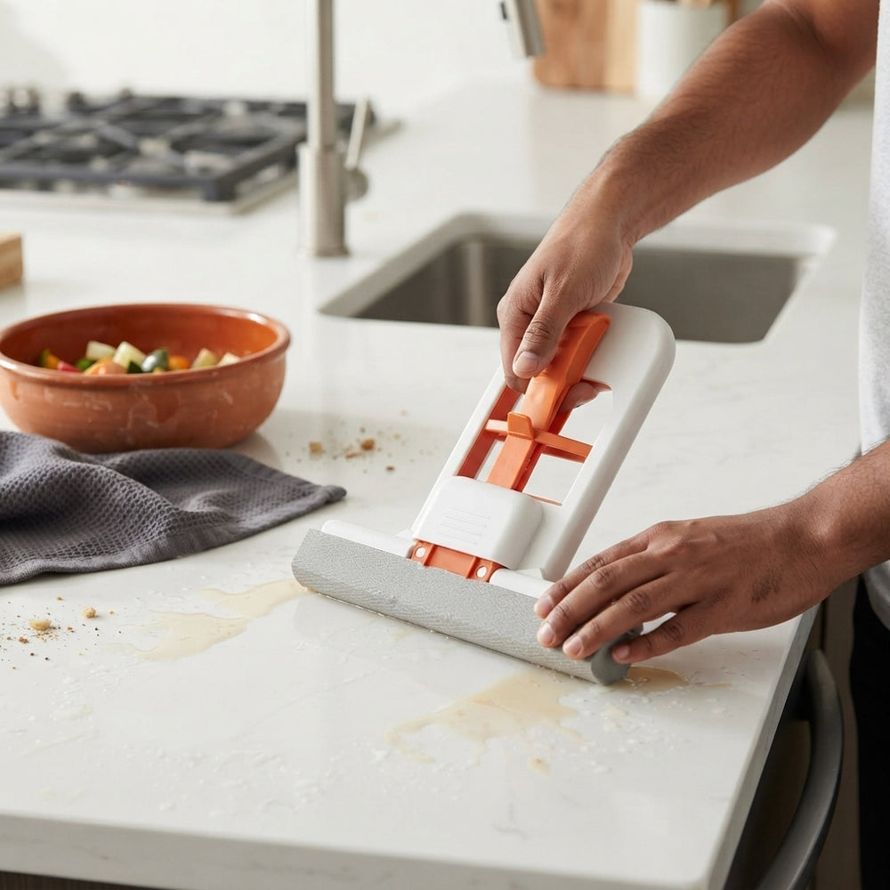 A person using a compact sponge mop to clean a kitchen spill on a modern countertop.