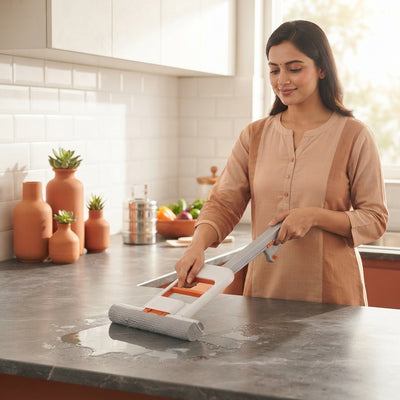 A person using a mini foldable sponge mop to clean a kitchen countertop in a modern home kitchen with terracotta and charcoal